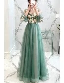 Fairy Dusty Green Tulle Long Sleeve Prom Dress With Long Sleeves
