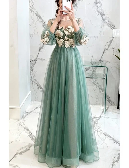 Fairy Dusty Green Tulle Long Sleeve Prom Dress With Long Sleeves