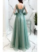 Fairy Dusty Green Tulle Long Sleeve Prom Dress With Long Sleeves