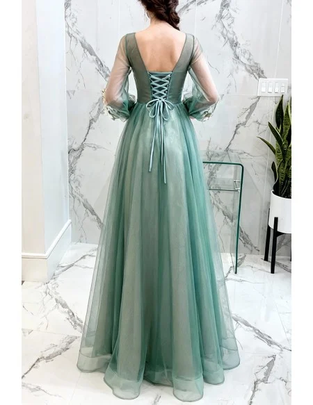 Fairy Dusty Green Tulle Long Sleeve Prom Dress With Long Sleeves