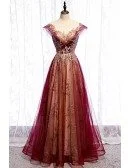 Illusion Neckline Burgundy Formal Prom Dress with Bling Gold Sequins Cap Sleeves