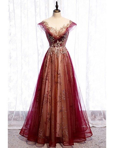 Illusion Neckline Burgundy Formal Prom Dress with Bling Gold Sequins Cap Sleeves