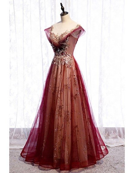 Illusion Neckline Burgundy Formal Prom Dress with Bling Gold Sequins Cap Sleeves