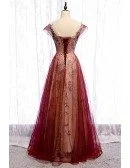 Illusion Neckline Burgundy Formal Prom Dress with Bling Gold Sequins Cap Sleeves