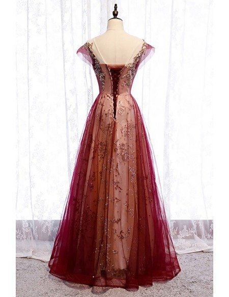 Illusion Neckline Burgundy Formal Prom Dress with Bling Gold Sequins Cap Sleeves