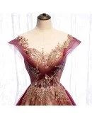 Illusion Neckline Burgundy Formal Prom Dress with Bling Gold Sequins Cap Sleeves