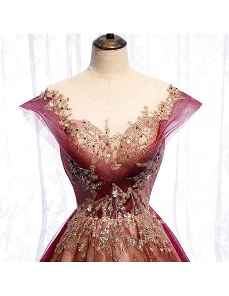 Illusion Neckline Burgundy Formal Prom Dress with Bling Gold Sequins Cap Sleeves