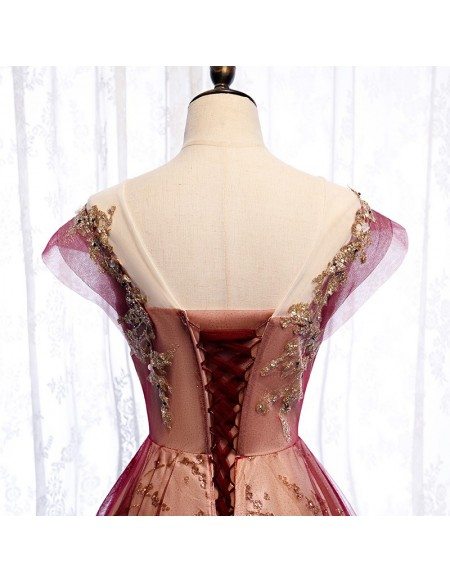 Illusion Neckline Burgundy Formal Prom Dress with Bling Gold Sequins Cap Sleeves