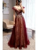 Illusion Neckline Burgundy Formal Prom Dress with Bling Gold Sequins Cap Sleeves