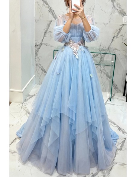 Cinderella Blue Ball Gown Prom Dress With Puff Sleeves For Quinceanera