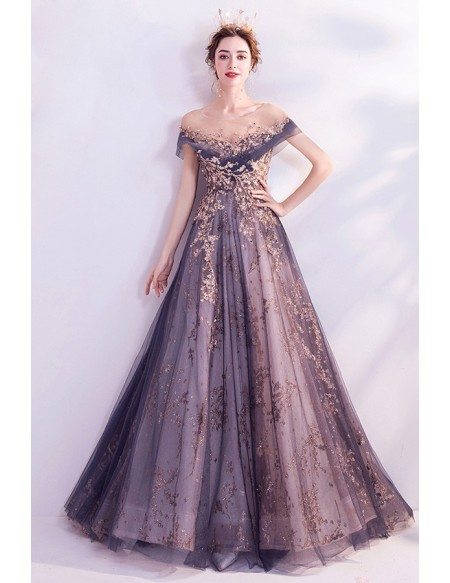 Bling Sequins Mist Blue Tulle Prom Dress With Illusion Neckline