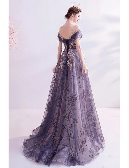 Bling Sequins Mist Blue Tulle Prom Dress With Illusion Neckline