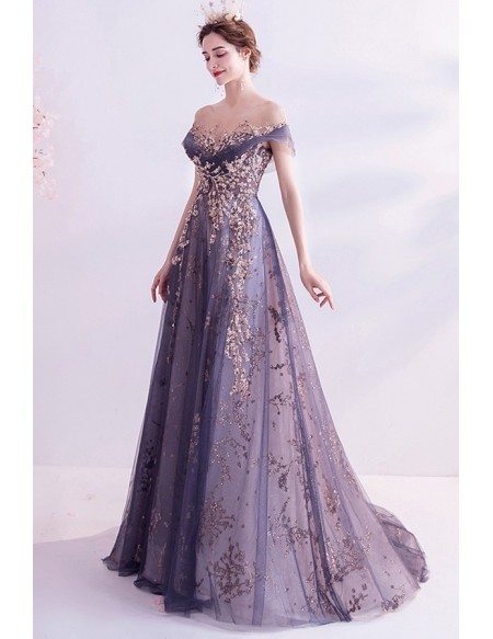 Bling Sequins Mist Blue Tulle Prom Dress With Illusion Neckline
