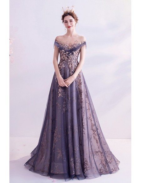 Bling Sequins Mist Blue Tulle Prom Dress With Illusion Neckline