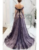 Bling Sequins Mist Blue Tulle Prom Dress With Illusion Neckline