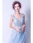 Elegant Light Blue V Neck Prom Dress Long With Butterfly Lace Beading