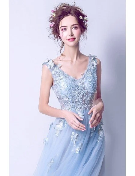 Elegant Light Blue V Neck Prom Dress Long With Butterfly Lace Beading