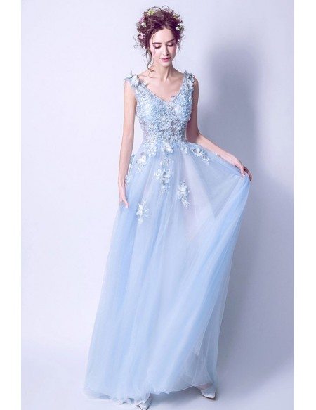 Elegant Light Blue V Neck Prom Dress Long With Butterfly Lace Beading