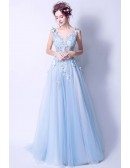 Elegant Light Blue V Neck Prom Dress Long With Butterfly Lace Beading