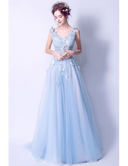 Elegant Light Blue V Neck Prom Dress Long With Butterfly Lace Beading