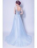 Elegant Light Blue V Neck Prom Dress Long With Butterfly Lace Beading