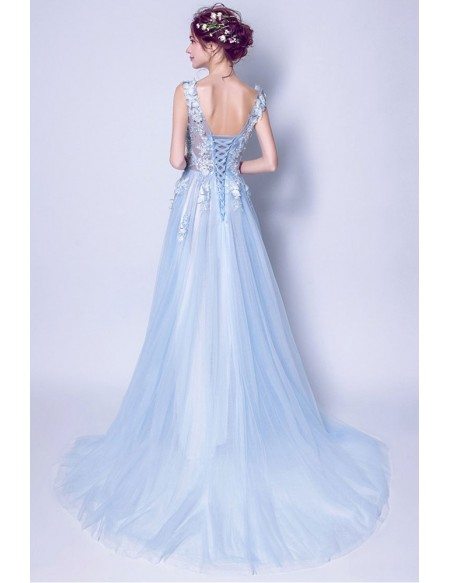 Elegant Light Blue V Neck Prom Dress Long With Butterfly Lace Beading
