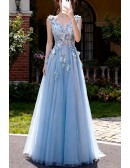 Elegant Light Blue V Neck Prom Dress Long With Butterfly Lace Beading