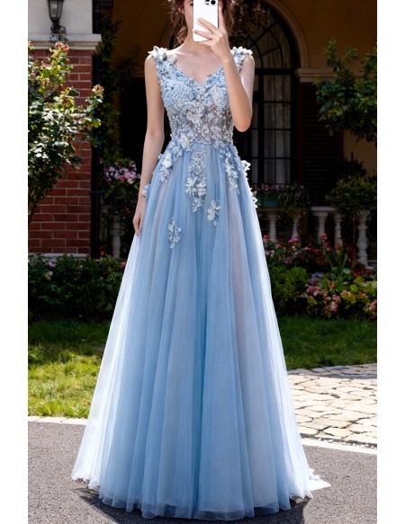 Elegant Light Blue V Neck Prom Dress Long With Butterfly Lace Beading