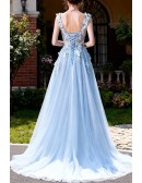 Elegant Light Blue V Neck Prom Dress Long With Butterfly Lace Beading