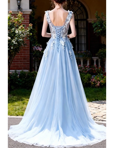 Elegant Light Blue V Neck Prom Dress Long With Butterfly Lace Beading