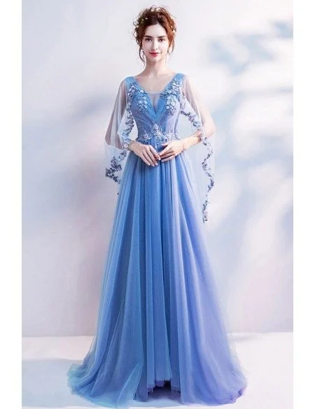 Romantic Floral Blue V Neck Prom Dress In Cape Style