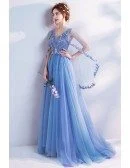 Romantic Floral Blue V Neck Prom Dress In Cape Style