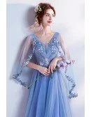 Romantic Floral Blue V Neck Prom Dress In Cape Style