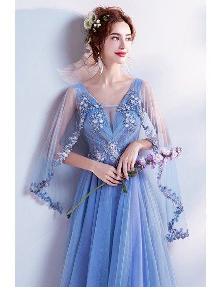 Romantic Floral Blue V Neck Prom Dress In Cape Style