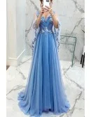 Romantic Floral Blue V Neck Prom Dress In Cape Style