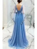 Romantic Floral Blue V Neck Prom Dress In Cape Style