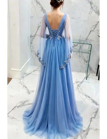 Romantic Floral Blue V Neck Prom Dress In Cape Style