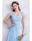 Fairy Blue Long Tulle Prom Dress A Line With Butterflies Cap Sleeves