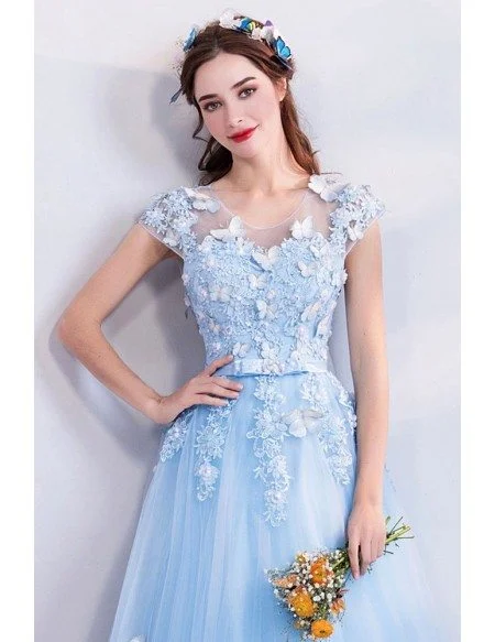 Fairy Blue Long Tulle Prom Dress A Line With Butterflies Cap Sleeves