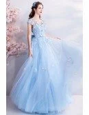 Fairy Blue Long Tulle Prom Dress A Line With Butterflies Cap Sleeves