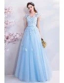 Fairy Blue Long Tulle Prom Dress A Line With Butterflies Cap Sleeves