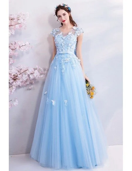 Fairy Blue Long Tulle Prom Dress A Line With Butterflies Cap Sleeves