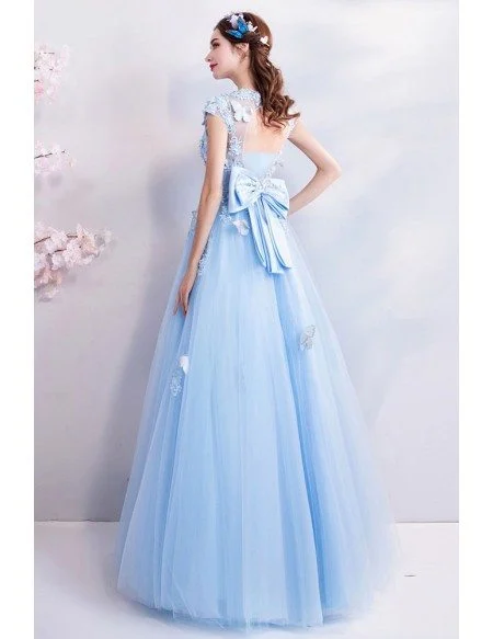 Fairy Blue Long Tulle Prom Dress A Line With Butterflies Cap Sleeves