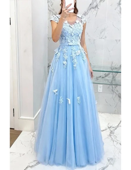 Fairy Blue Long Tulle Prom Dress A Line With Butterflies Cap Sleeves