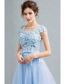 2019 Gorgeous Sky Blue Tulle Prom Dress With Flower Lace Bodice