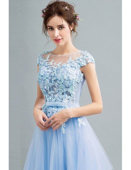 2019 Gorgeous Sky Blue Tulle Prom Dress With Flower Lace Bodice