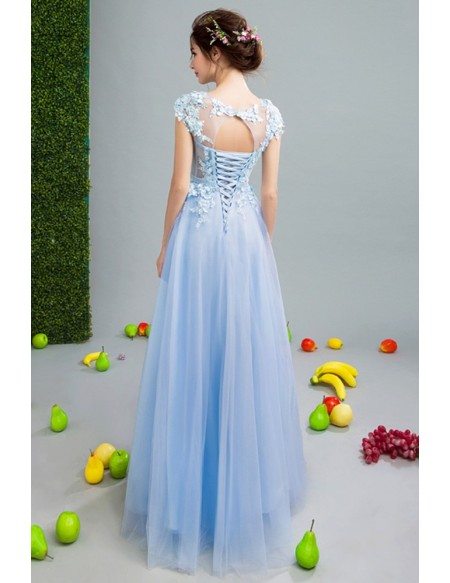 2019 Gorgeous Sky Blue Tulle Prom Dress With Flower Lace Bodice
