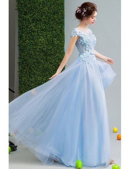 2019 Gorgeous Sky Blue Tulle Prom Dress With Flower Lace Bodice