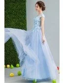 2019 Gorgeous Sky Blue Tulle Prom Dress With Flower Lace Bodice