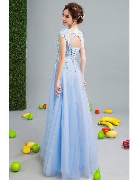 2019 Gorgeous Sky Blue Tulle Prom Dress With Flower Lace Bodice